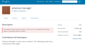 AdSense Managerのプラグイン概要ページ